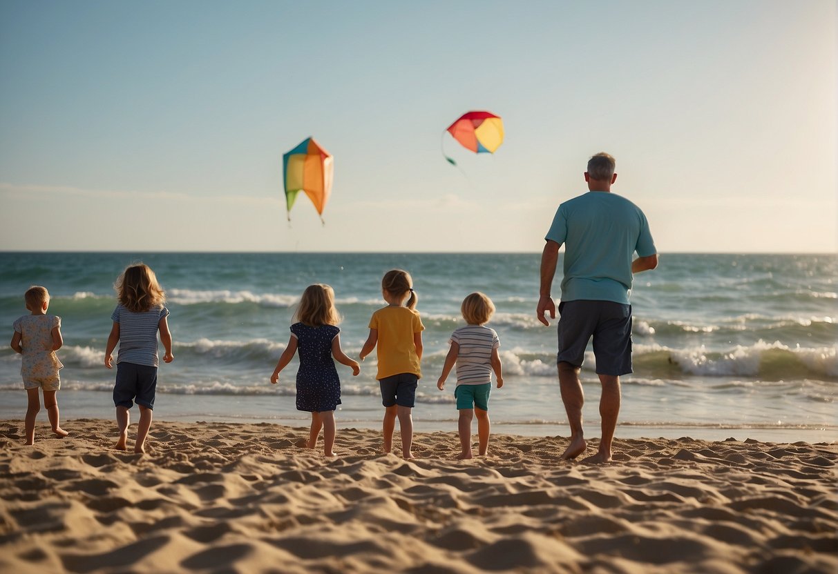 Families enjoy beach volleyball, picnics, and kite flying. Children build sandcastles while parents relax under umbrellas. Birds fly over the calm ocean