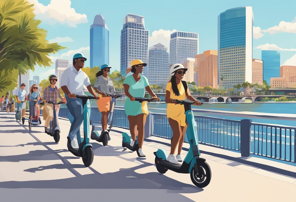 The Tampa River Walk bustles with people on electric scooters, passing by iconic landmarks and enjoying the scenic views of the city's waterfront
