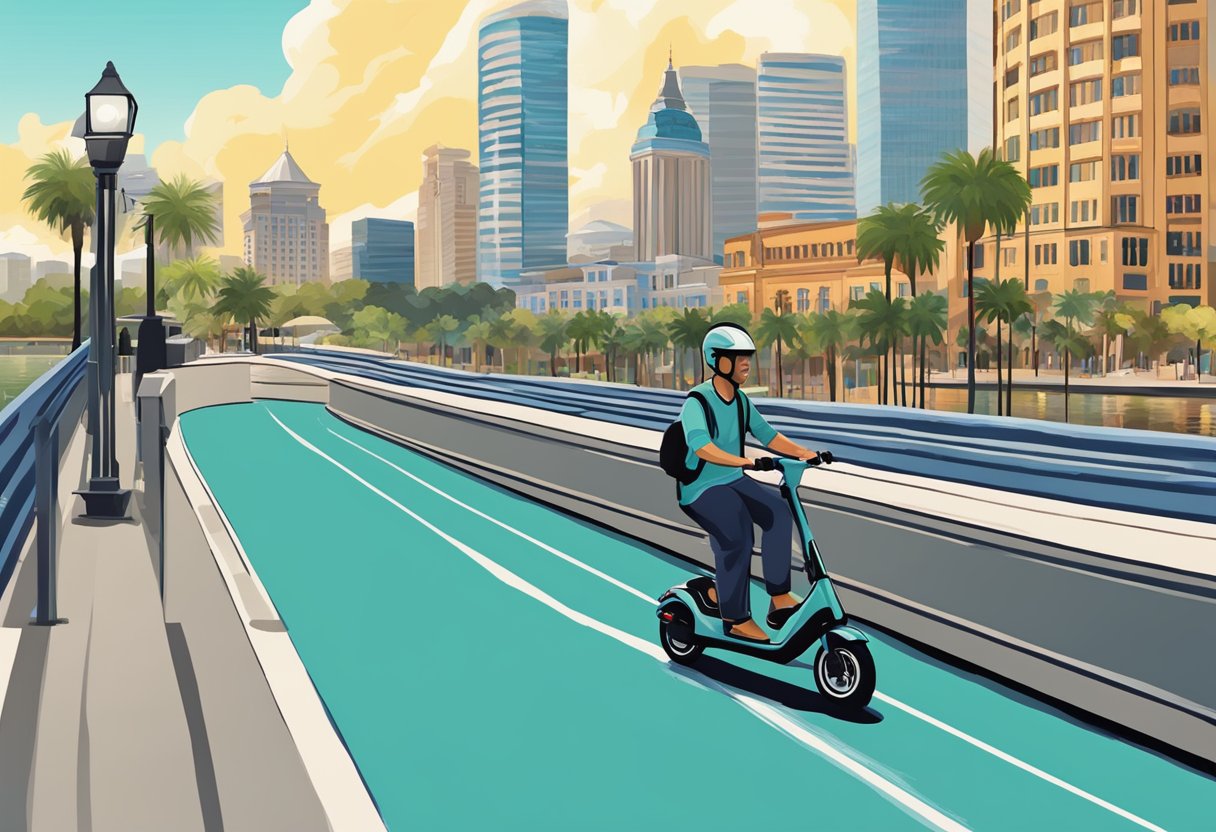 An electric rental scooter glides along Tampa River Walk, passing by scenic spots and landmarks