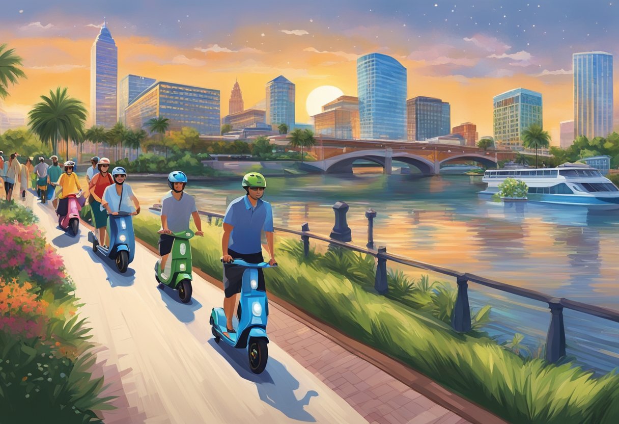 The Tampa River Walk bustles with activity as electric rental scooters zip by, passing by the glittering waterfront, lush greenery, and iconic city skyline
