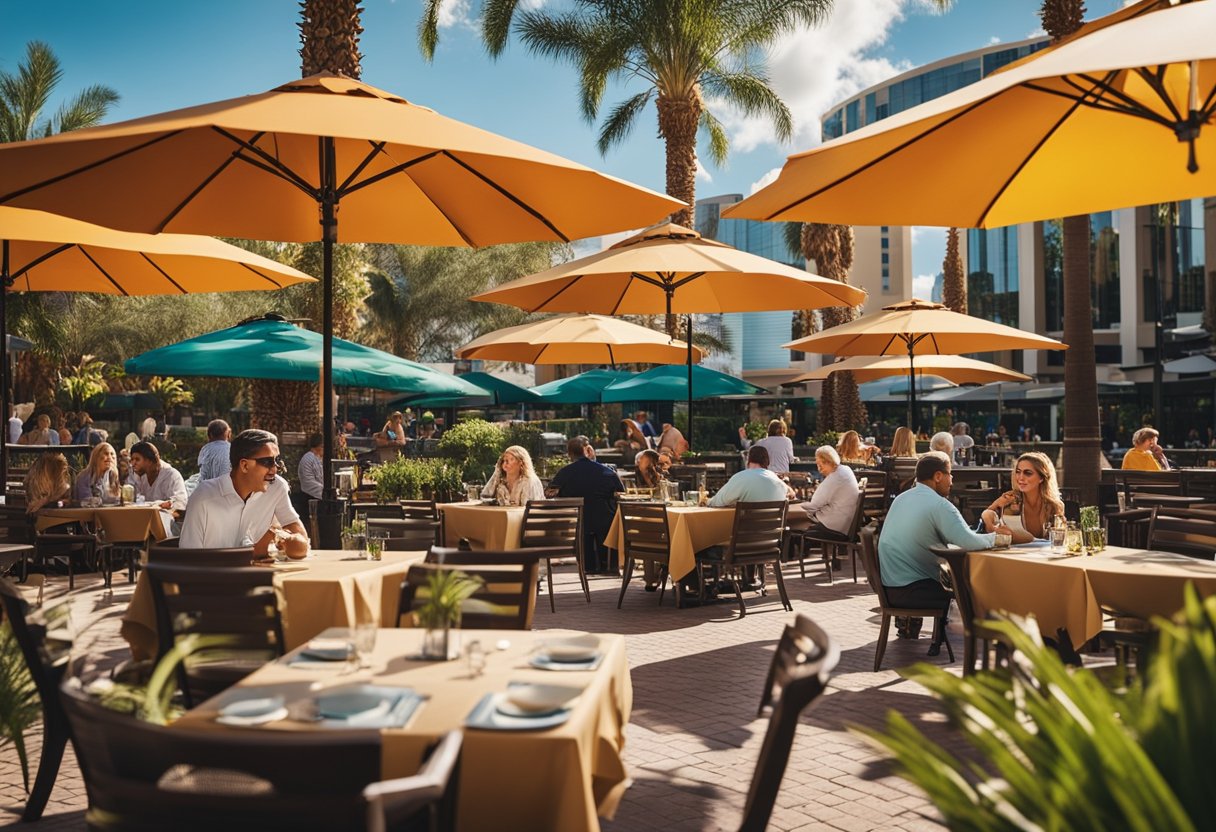 A bustling restaurant patio with families dining under colorful umbrellas, surrounded by palm trees and a view of a sunny Orlando skyline