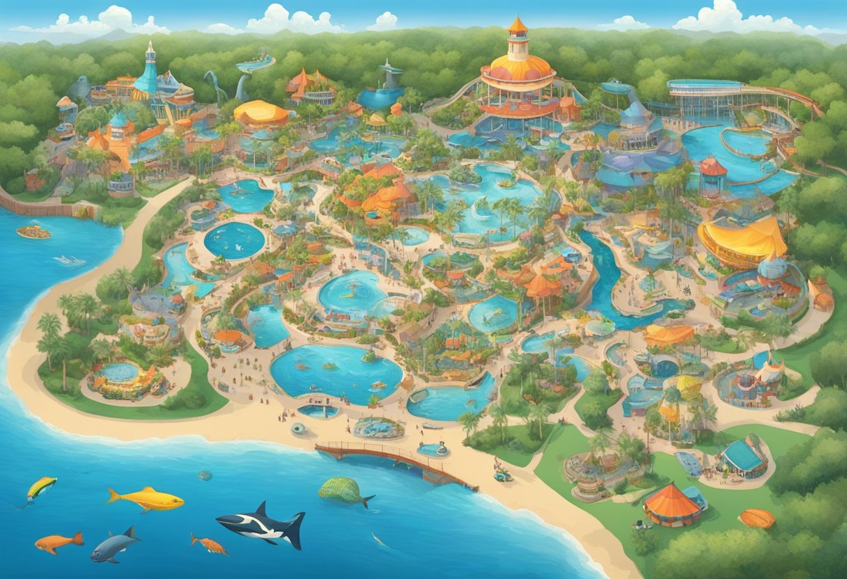 A colorful map of Sea World Orlando with illustrations of rides, shows, and lodging, surrounded by happy families and sea creatures