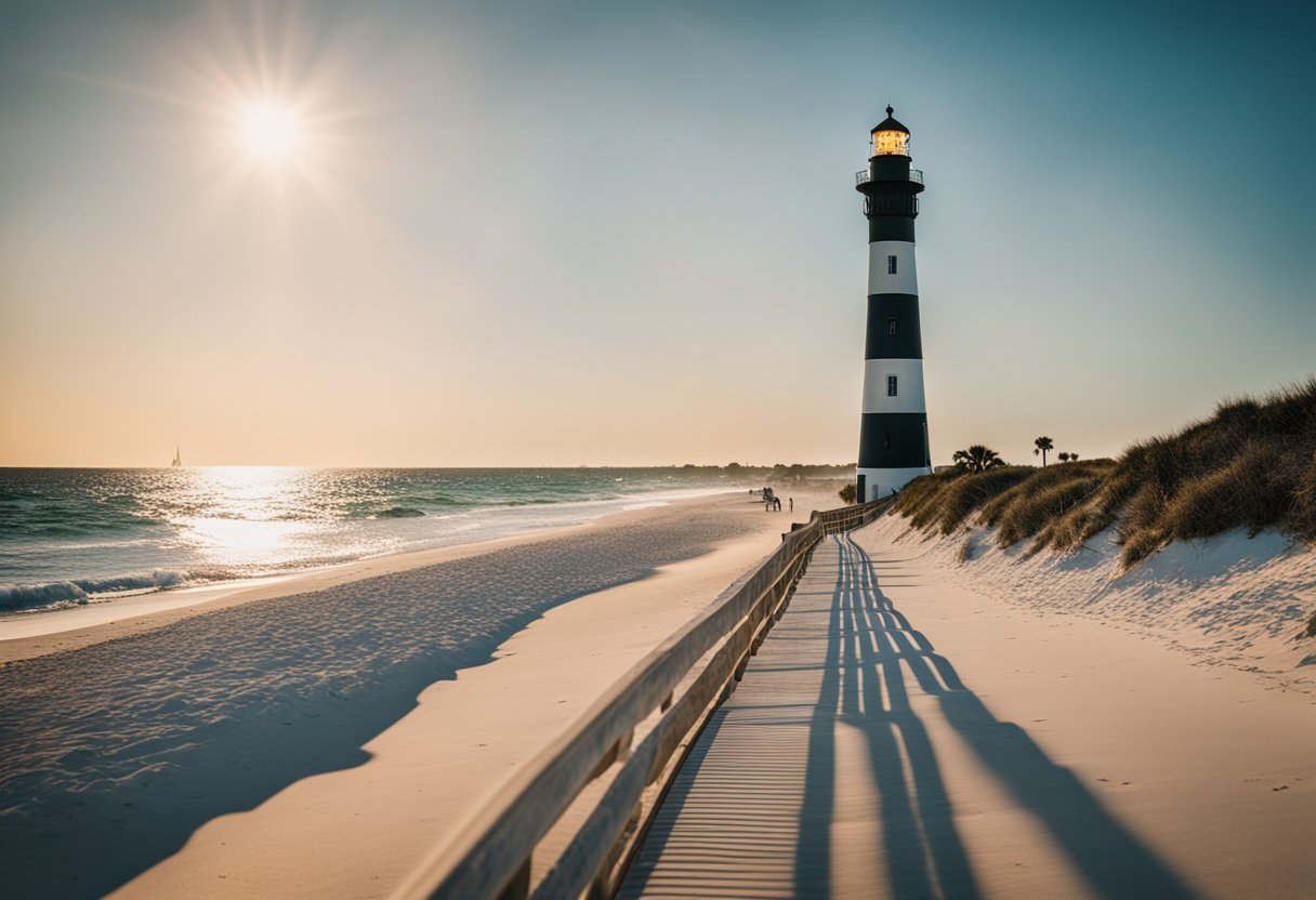 A vibrant beach lined with historical landmarks, lighthouses, and cultural attractions along the Florida Panhandle coastline