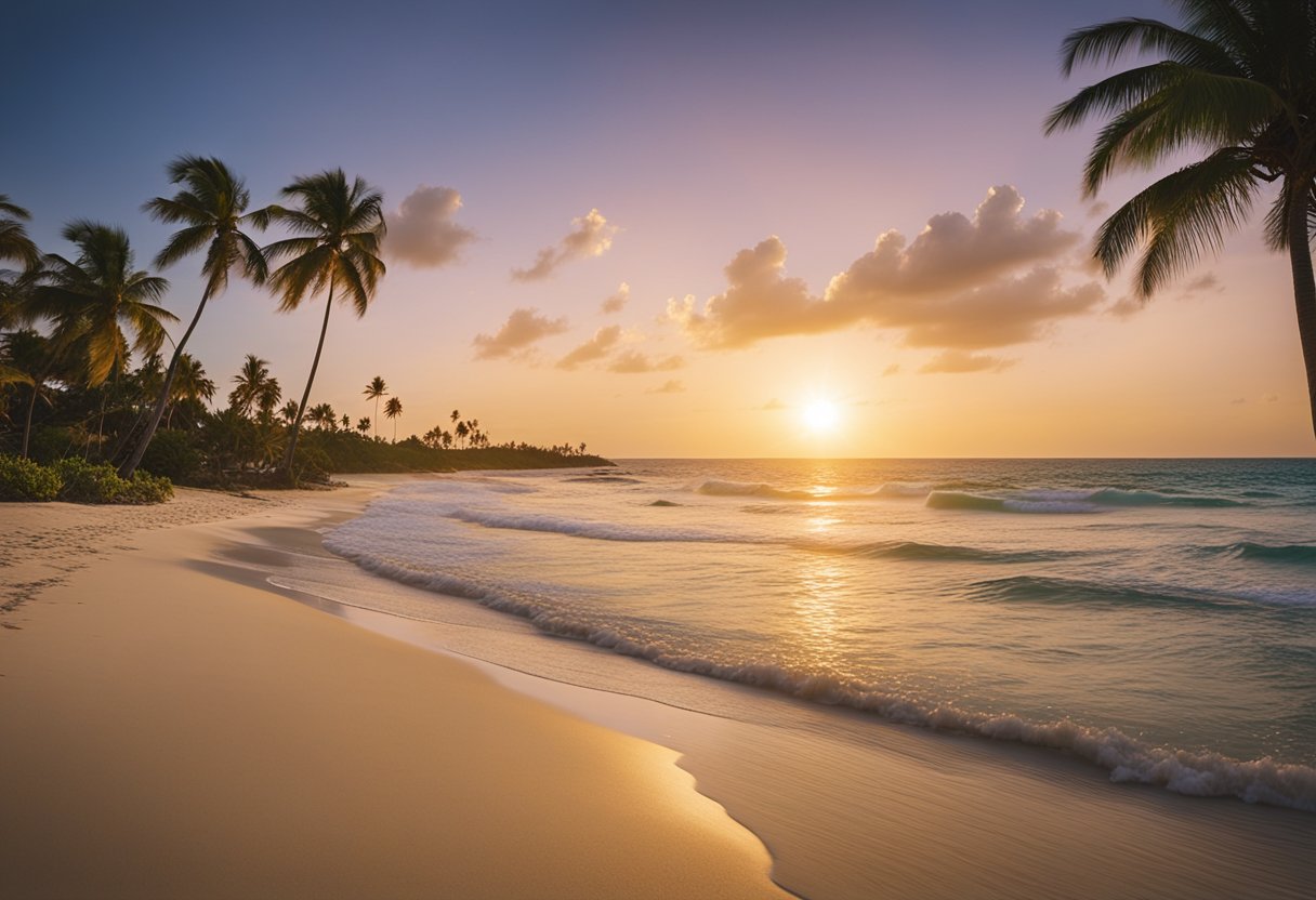 The sun sets over the serene Crooked Island Beach, with gentle waves lapping against the white sandy shore, framed by swaying palm trees and colorful beach umbrellas