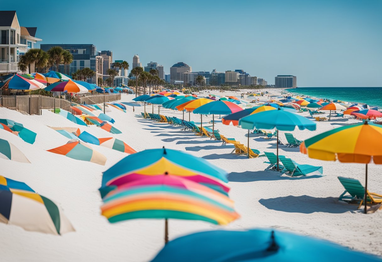 A sunny beach with clear blue water, white sand, palm trees, and colorful beach umbrellas along the shore in Pensacola, Florida