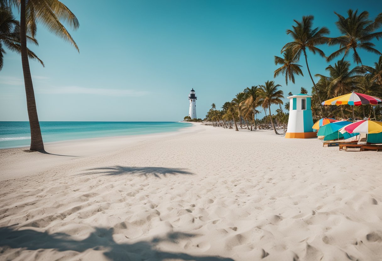 A beach with white sand and turquoise water, surrounded by palm trees and colorful beach umbrellas. A lighthouse stands in the distance, with a clear blue sky overhead