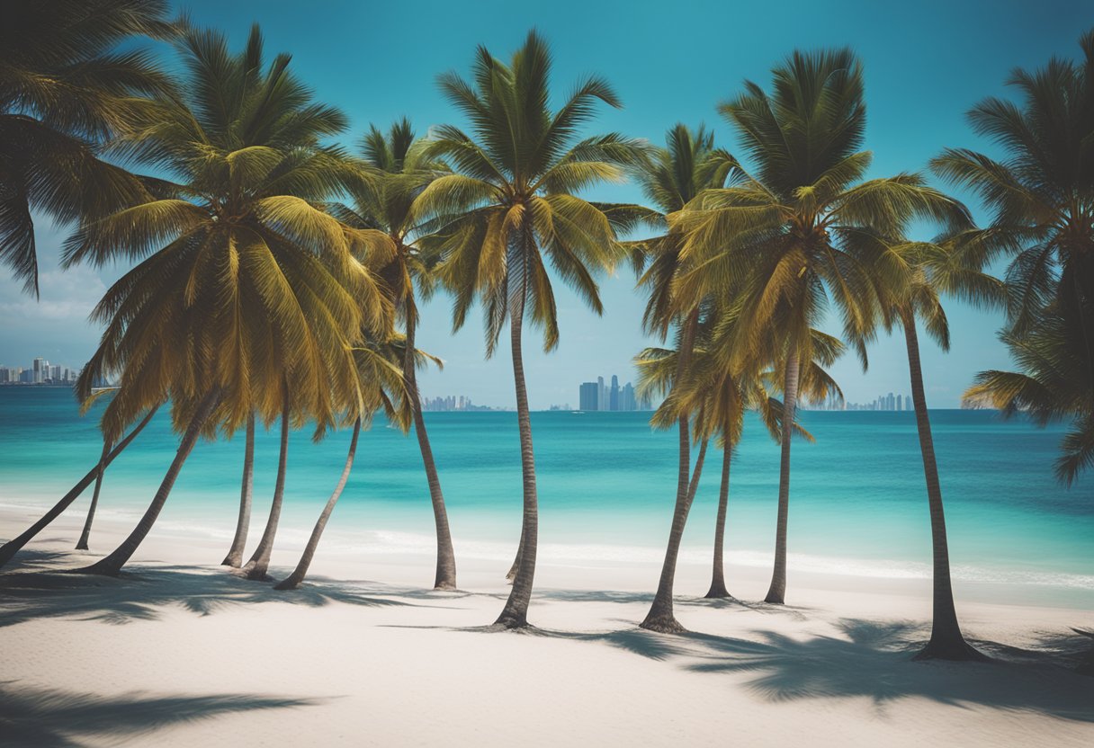 A vibrant beach scene with palm trees, white sand, and turquoise waters, overlooked by a bustling city skyline