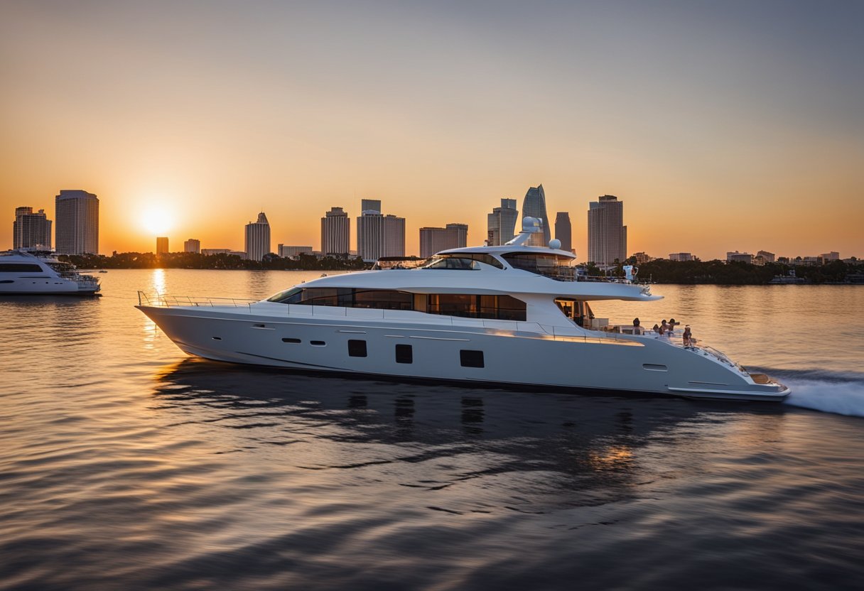 A luxurious dinner cruise on the calm waters of Tampa Bay, with a stunning sunset as the backdrop, and a sleek yacht gliding through the water