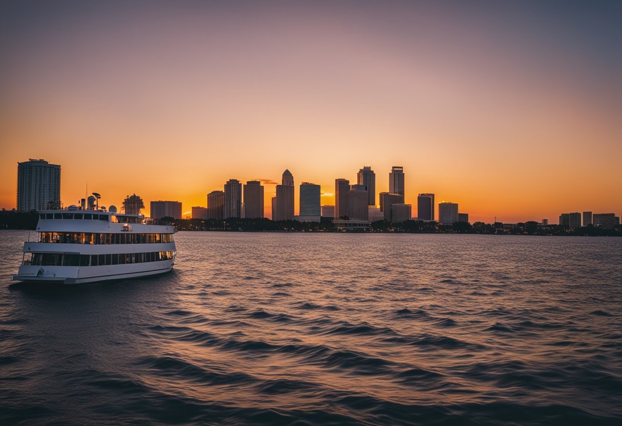 A vibrant sunset over calm waters with a dinner cruise boat sailing in Tampa Bay, surrounded by the city skyline