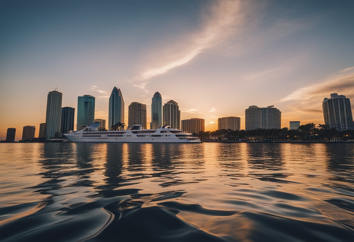 A luxurious dinner cruise on Tampa Bay at sunset, with a sleek yacht sailing past the city skyline and palm-fringed shores