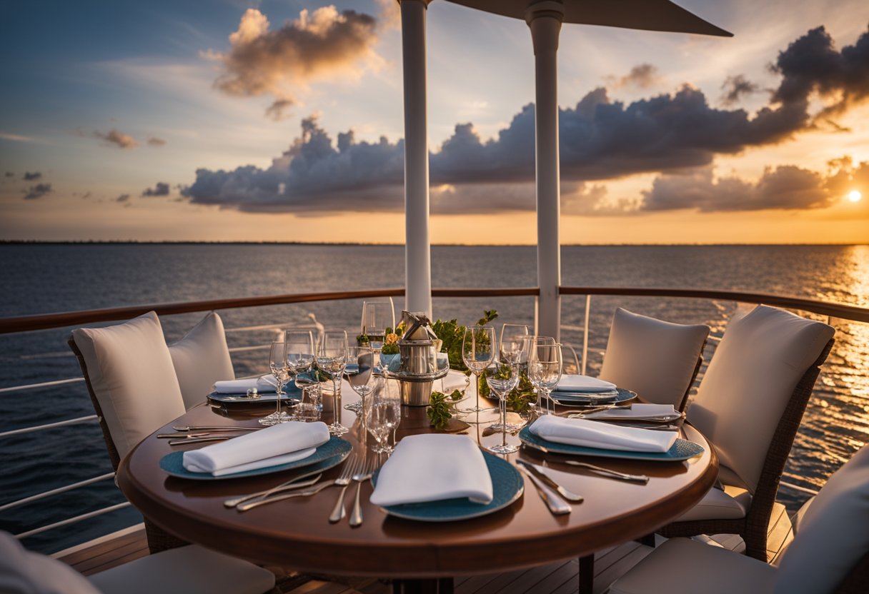 A luxurious yacht sails through the calm waters of Tampa Bay at sunset, with a beautifully set dinner table on the deck