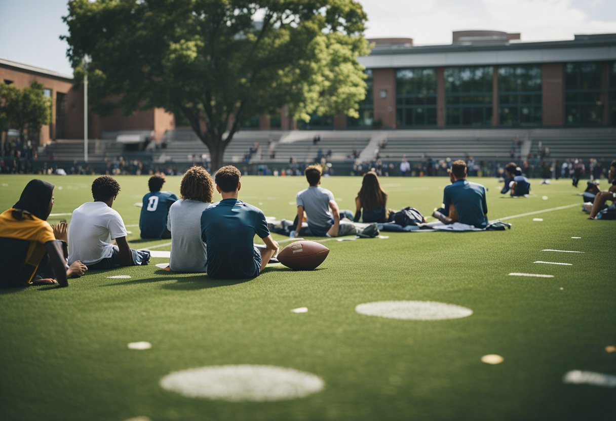 Students lounging on the grass, a football game in the stadium, a bustling student union, and a serene botanical garden