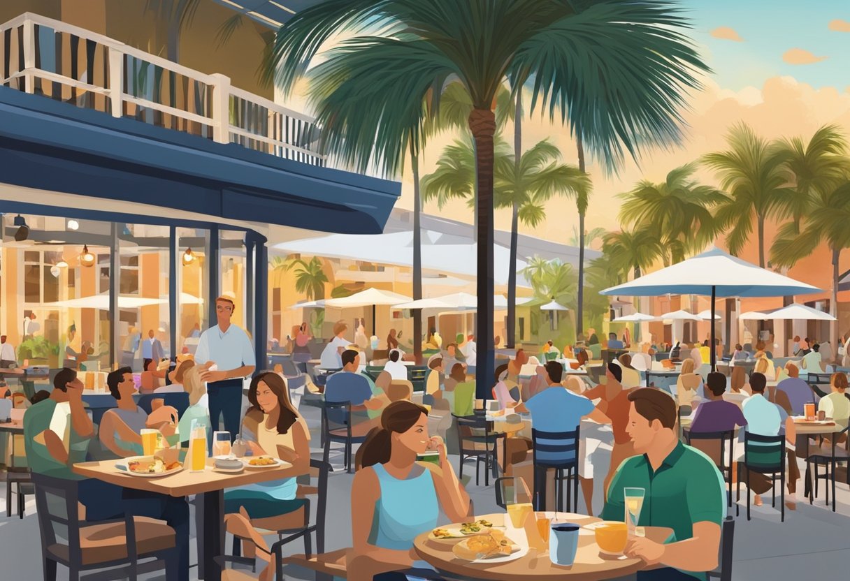 A sunny day at Fort Myers Beach with colorful umbrellas, palm trees, and families playing in the sand