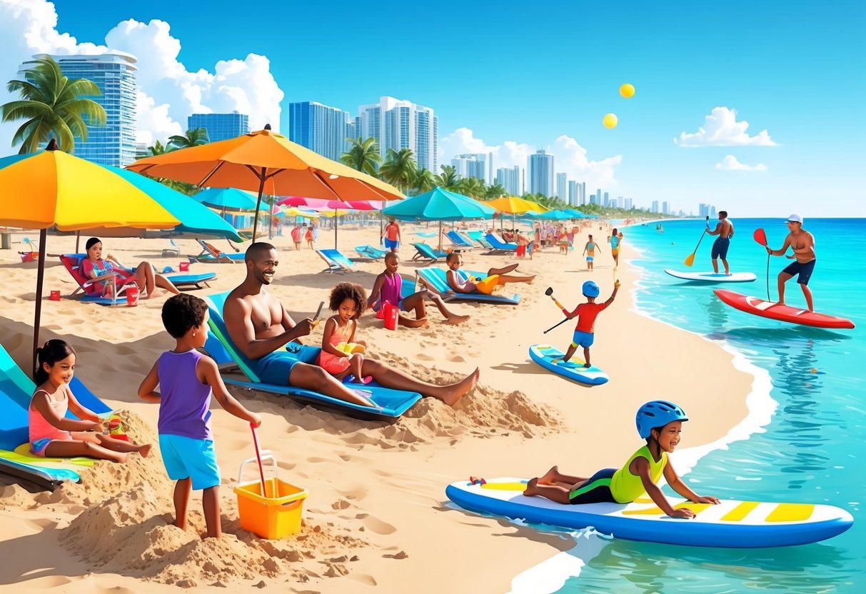 A sunny beach with children playing in the sand, parents lounging under umbrellas, and families enjoying water sports in Miami