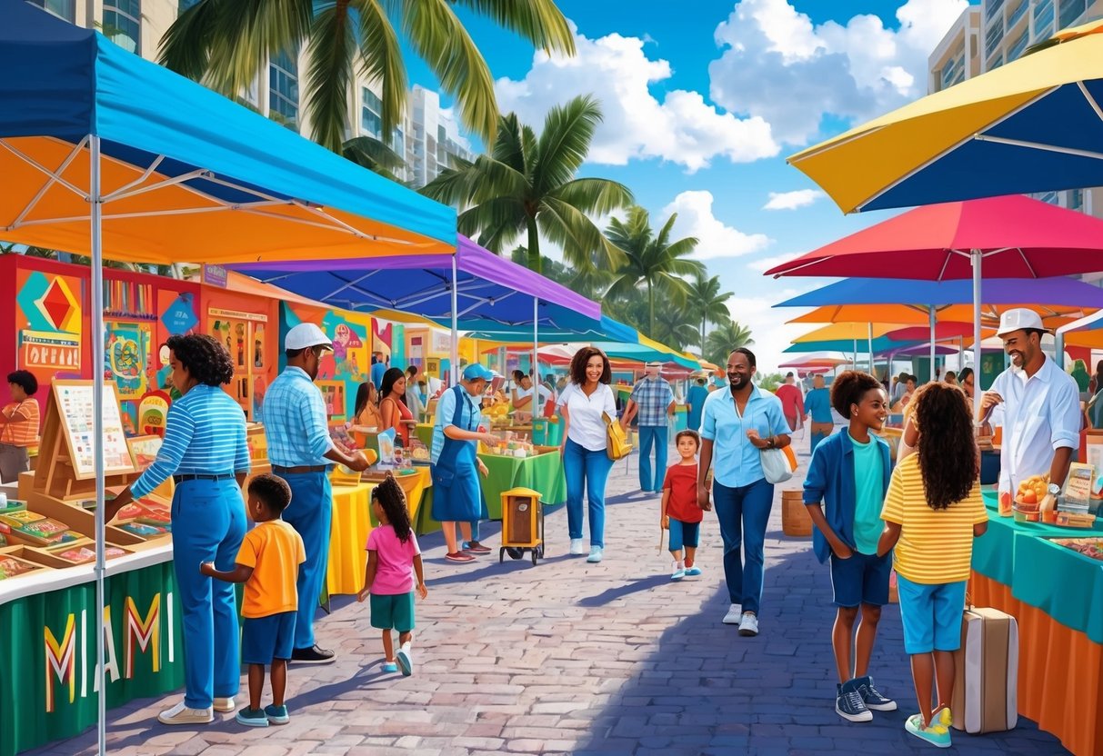 A colorful and bustling outdoor market, with families exploring cultural and educational exhibits in Miami