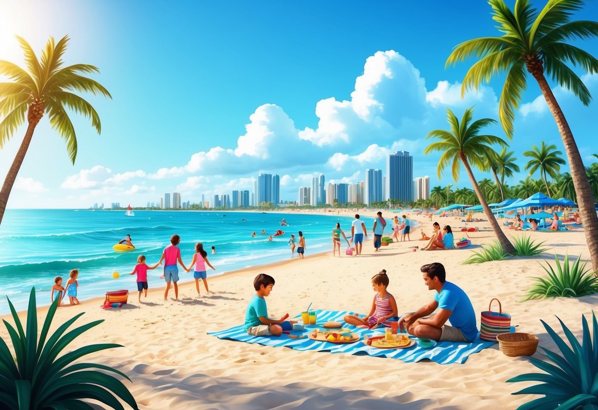 A sunny beach with palm trees, children playing in the sand, and families enjoying picnics and water activities along the Miami coastline