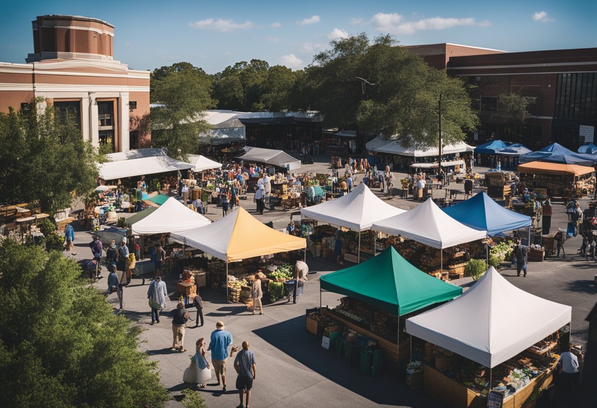 A bustling farmer's market with vendors selling fresh produce, local crafts, and food trucks surrounded by live music and families enjoying the sunny day in Gainesville, FL