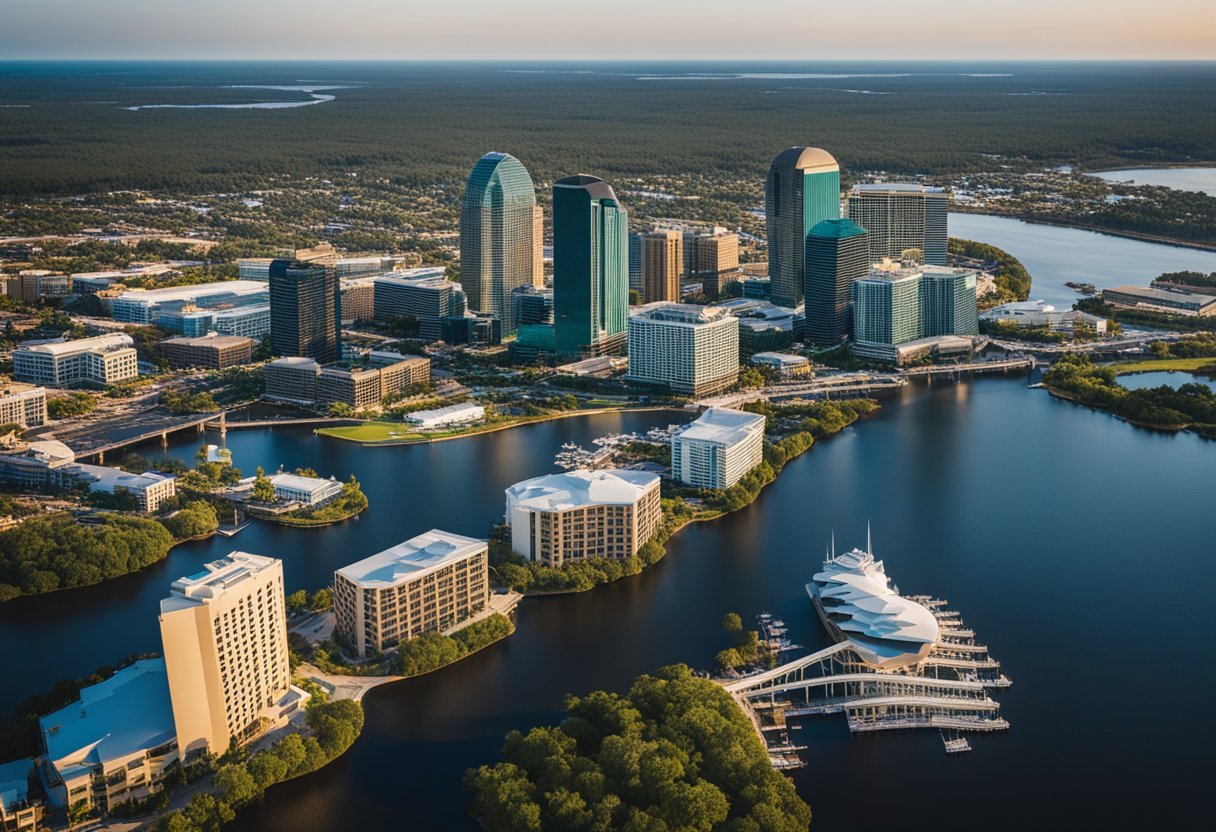 Aerial view of Jacksonville, FL with prominent hotels and landmarks in the background, surrounded by lush greenery and a vibrant cityscape