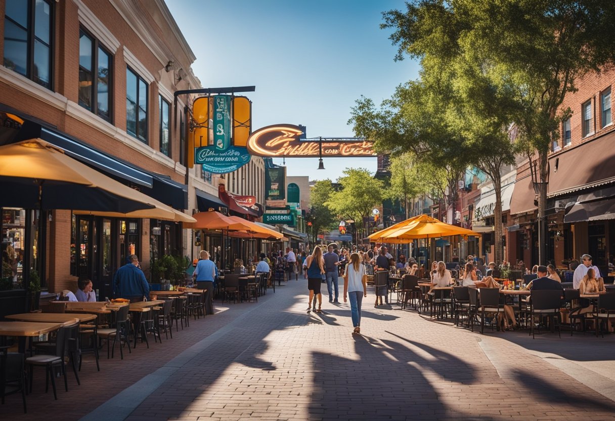 A vibrant downtown square with historic buildings, live music, and bustling cafes. A mix of modern and classic architecture with lush greenery and colorful street art