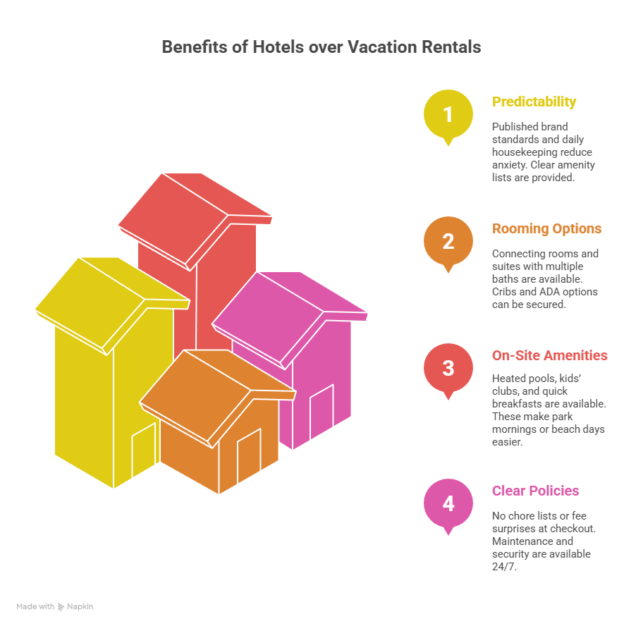 Families pick hotels for predictable cleanliness, group-friendly room layouts, on-site amenities, and 24/7 support.