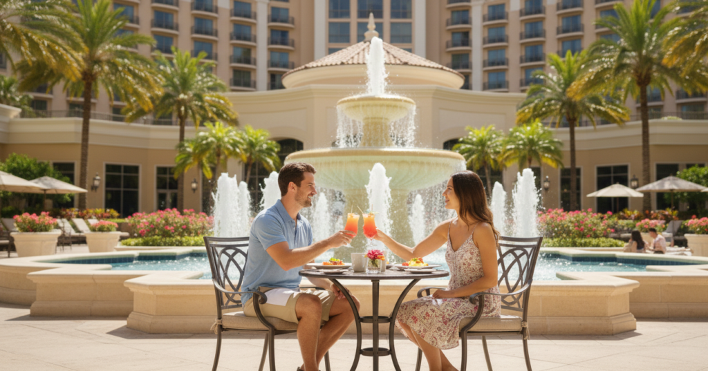 couple eating outside in front of fountain at a 4 star orlando resort
